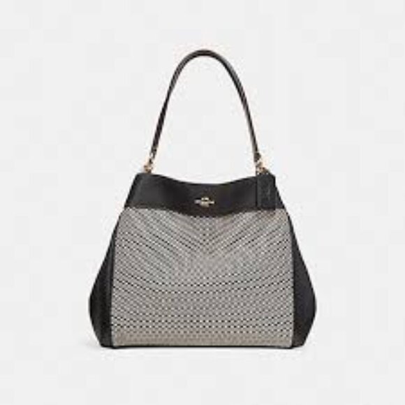 COACH Legacy Jacquard Lexy Shoulder Bag W/Center Zip Tan/Black F27575 W/Wallet - Picture 1 of 16